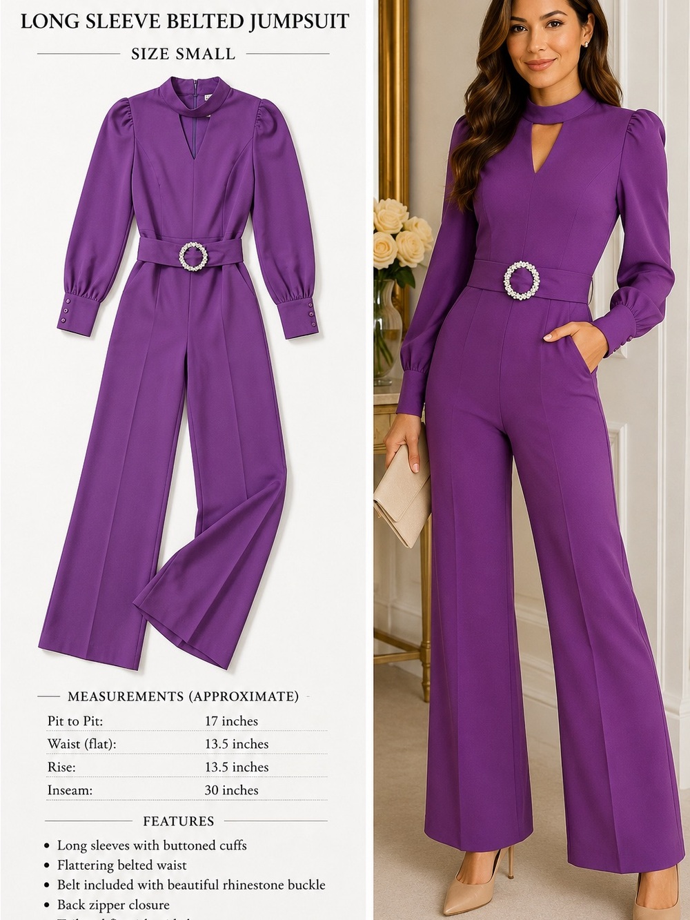 Tea n Cup Purple Long-Sleeve Belted Jumpsuit with Rhinestone Buckle